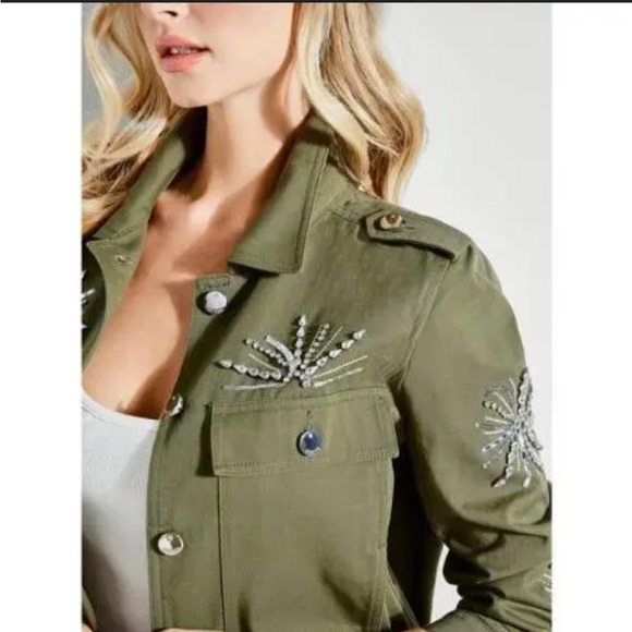 Guess Military Army Green Embellished Gemstone Bling‎ Moto Jacket Cropped Beaded - Picture 6 of 14